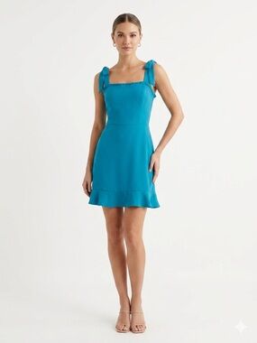 Socialite Teal Blue Tie Strap Mini Dress Ruffle Hem Size Medium